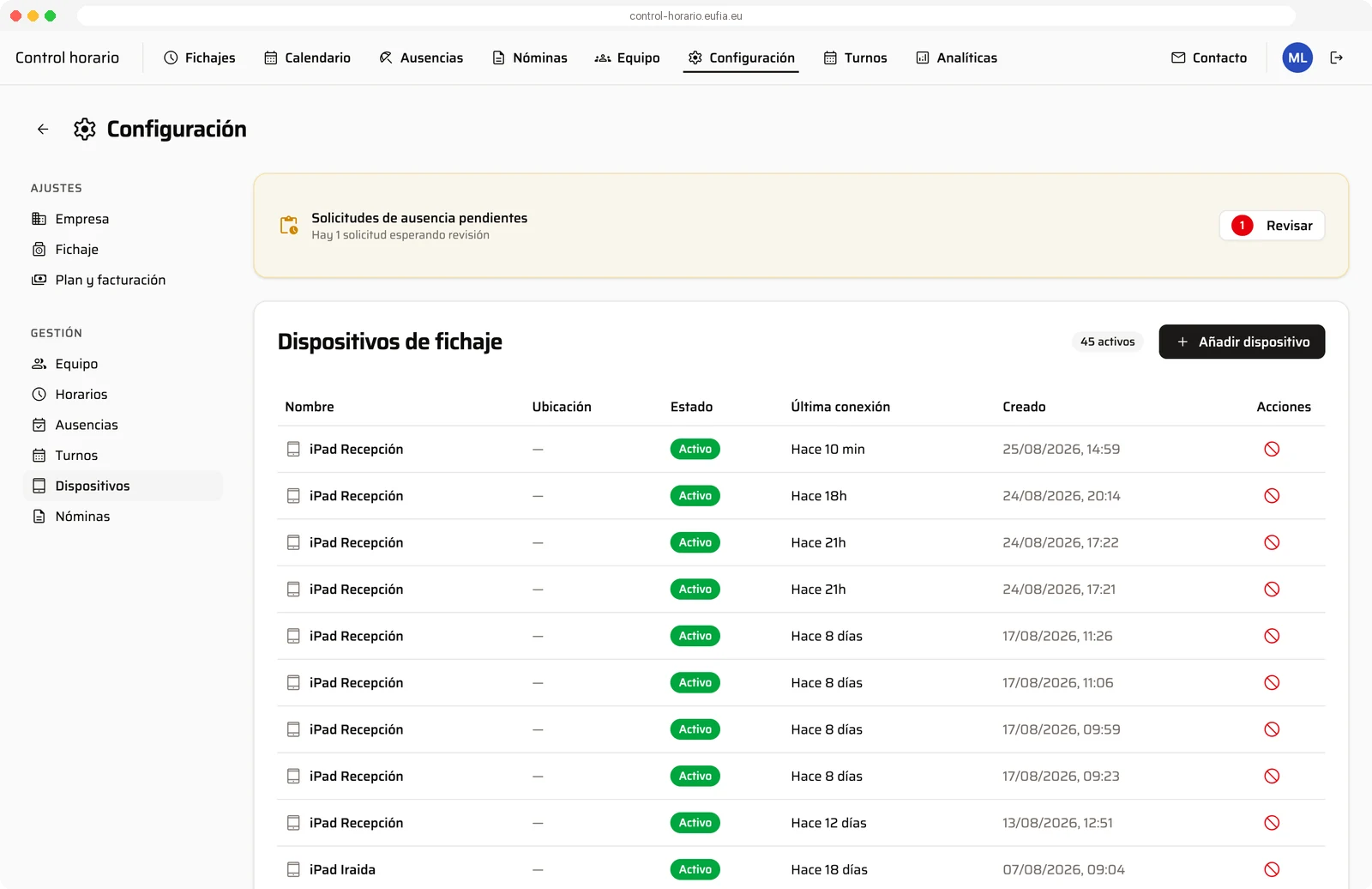 Listado de dispositivos de fichaje activos en la configuración web
