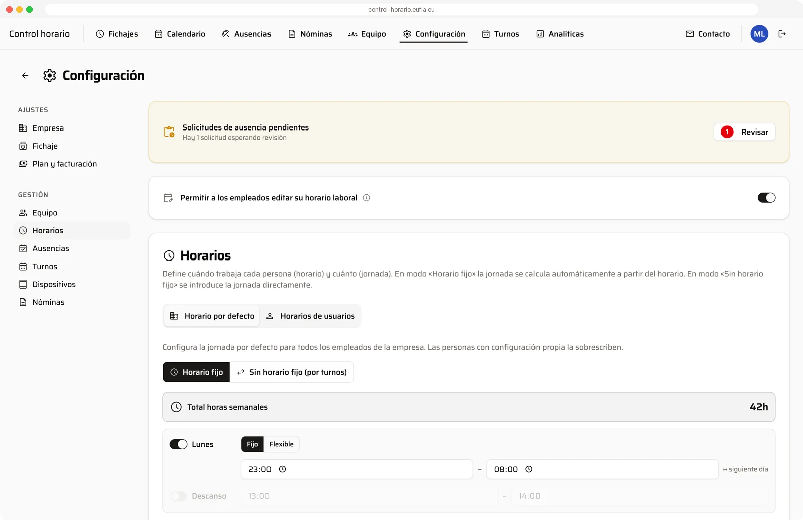 Configuración de horarios de la empresa en la web