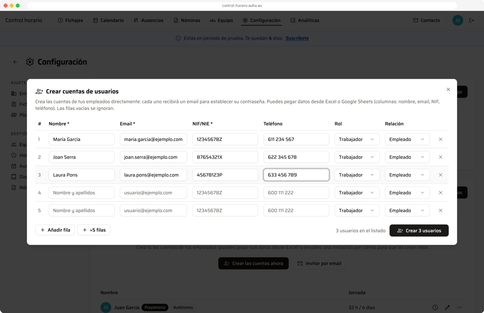 Listado para crear varias cuentas a la vez, con datos pegados desde Excel