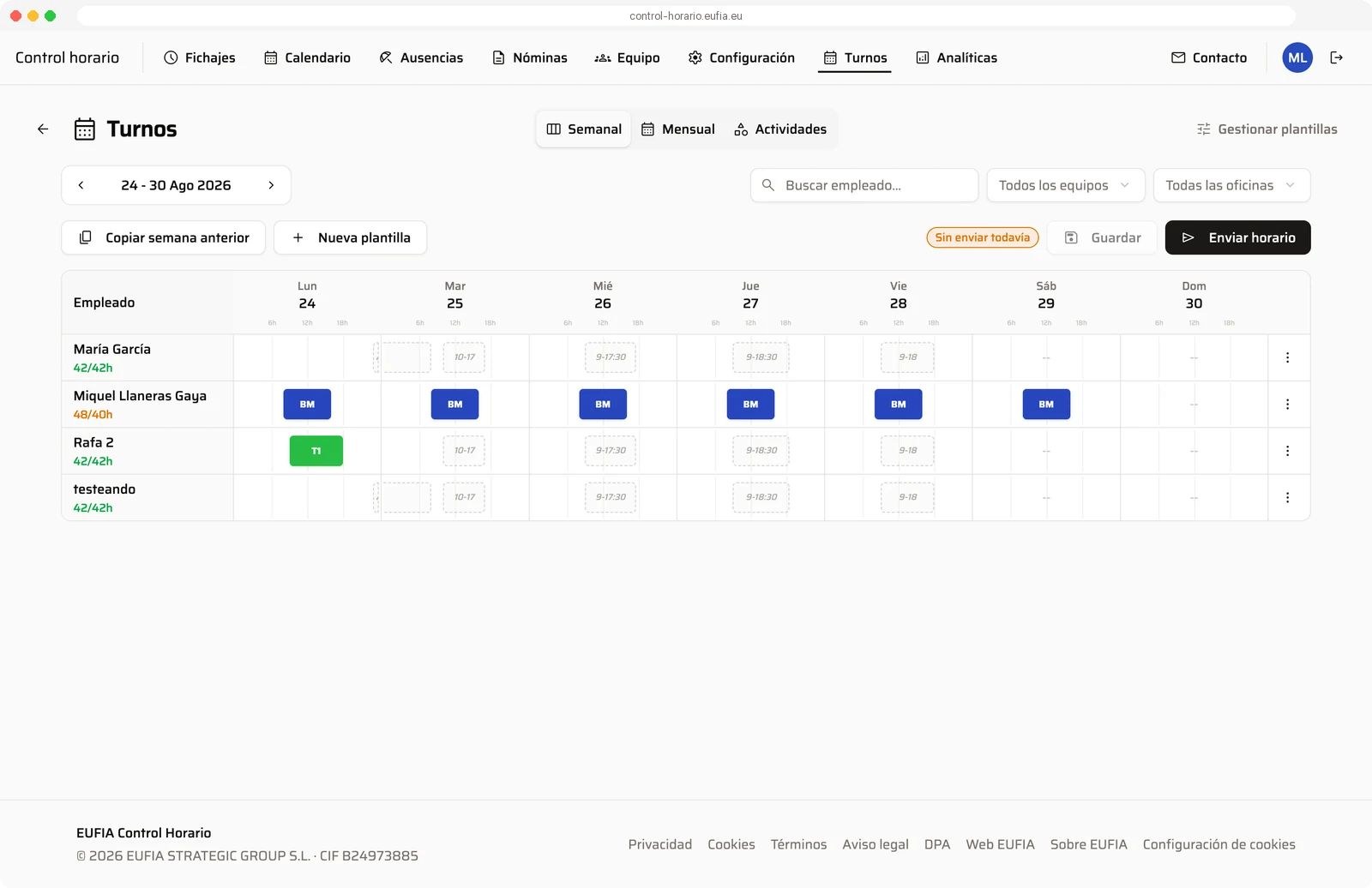 Cuadrante semanal de turnos en la web
