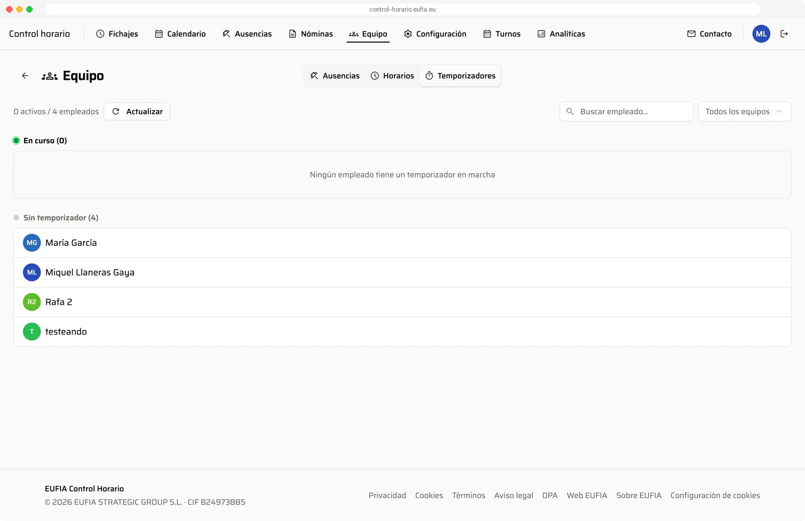 Vista de temporizadores activos en la web