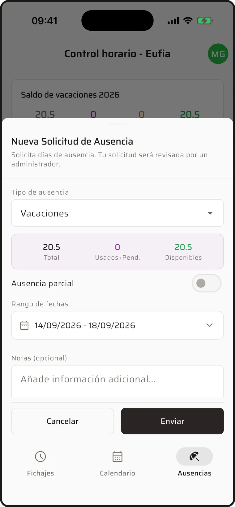 Formulario de nueva solicitud de ausencia con fechas seleccionadas