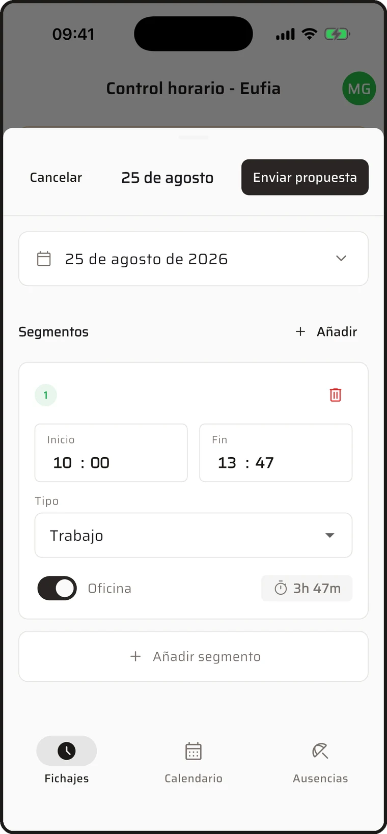 Editor de fichajes de un día con un segmento y el botón Enviar propuesta