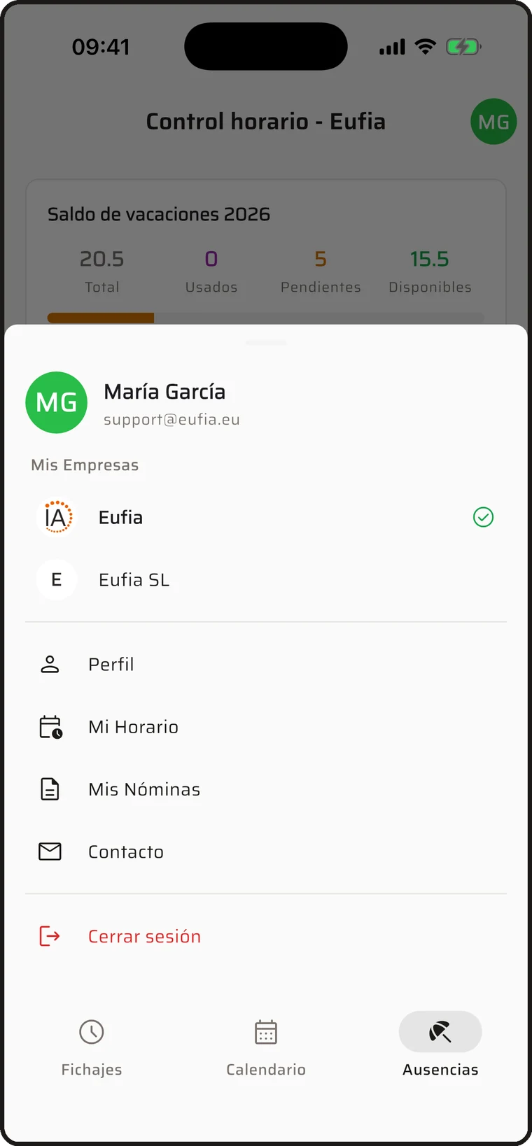 Menú personal con Perfil, Mi Horario, Mis Nóminas y Contacto