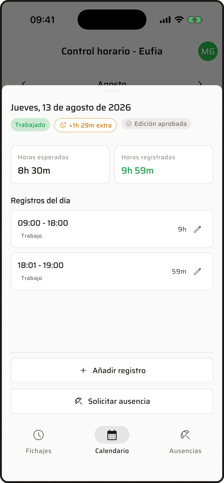Detalle de un día con horas esperadas, registradas y los fichajes