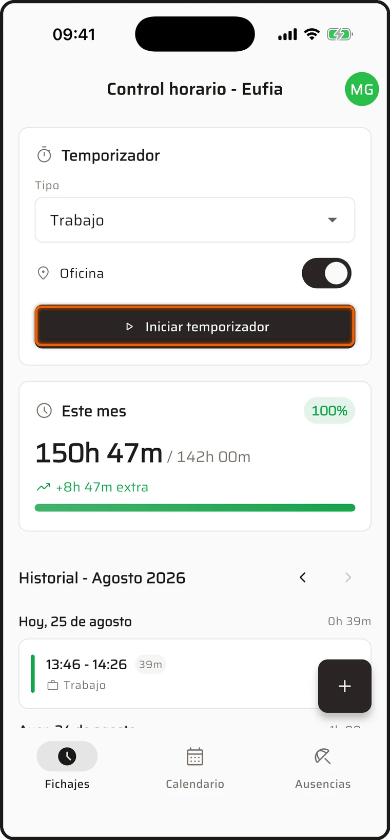 Pestaña Fichajes con el botón Iniciar temporizador resaltado