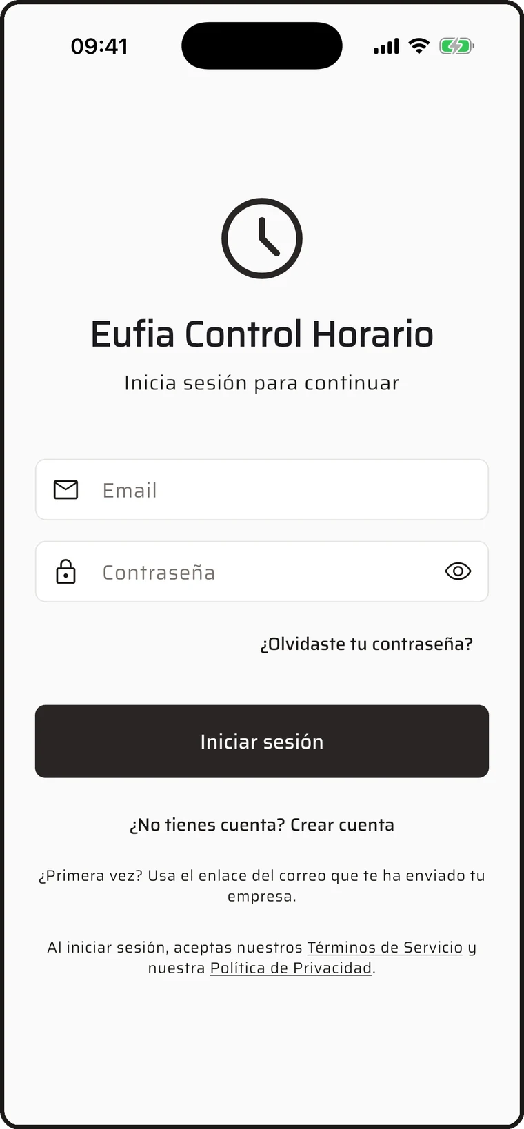 Pantalla de inicio de sesión de la app Eufia Control Horario