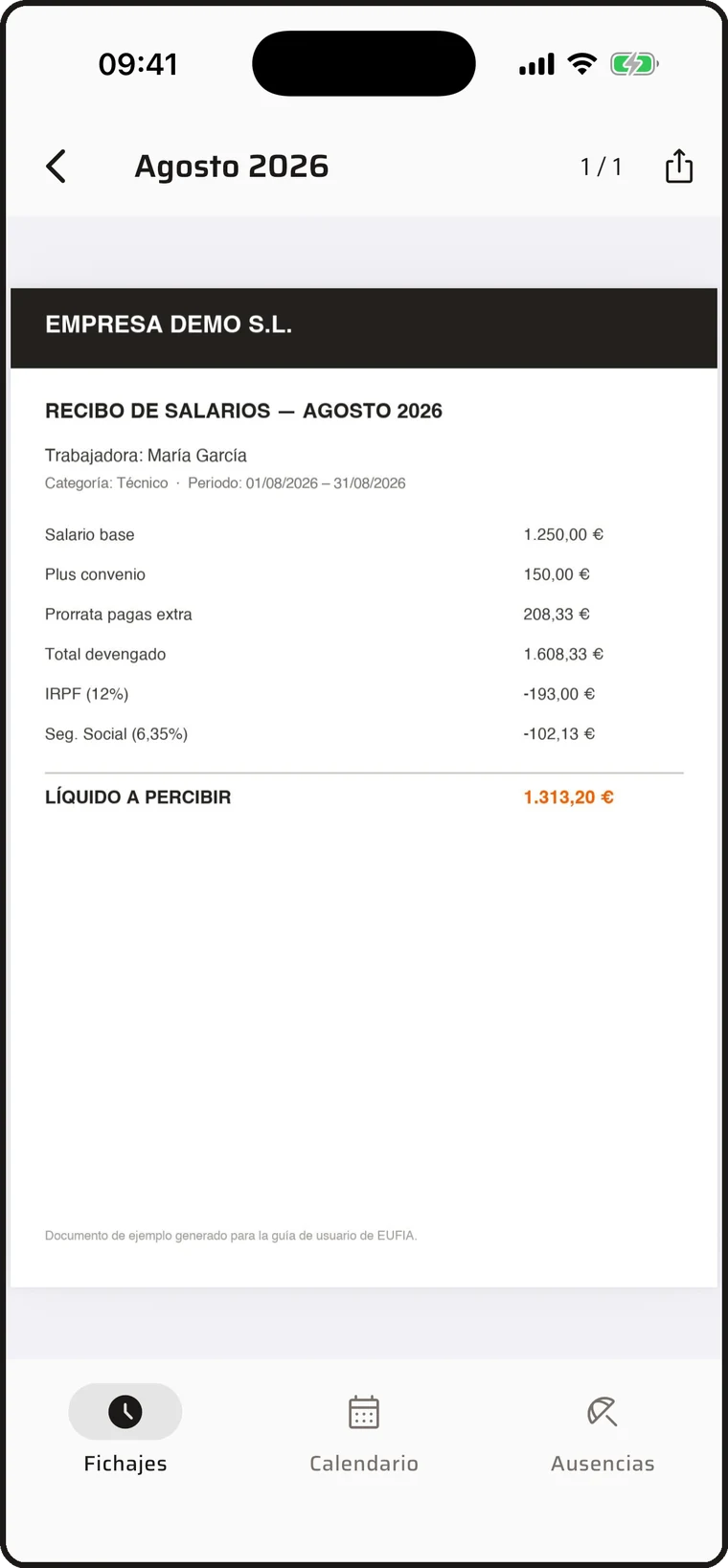 Nómina de agosto abierta en el visor de PDF de la app