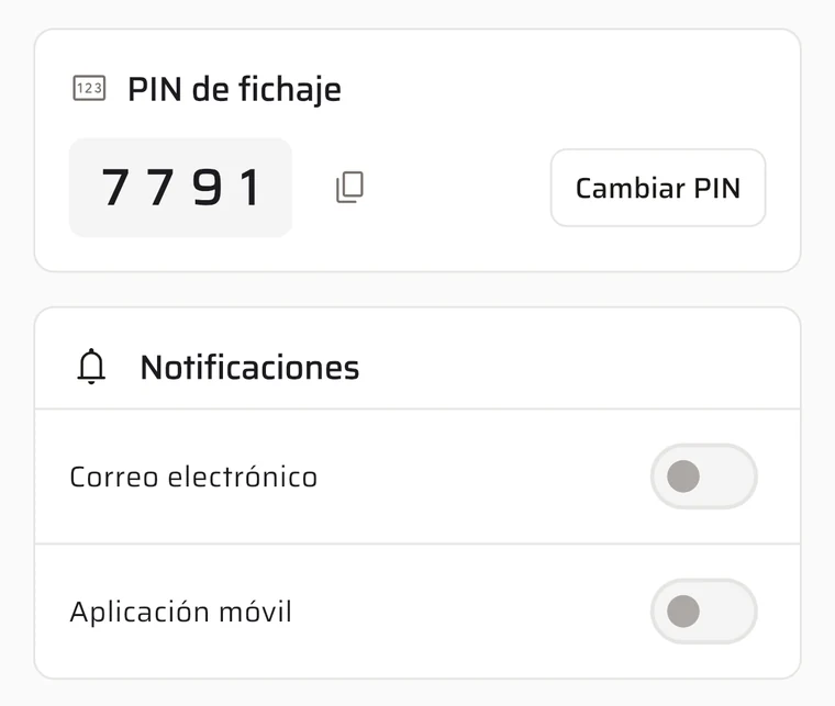 Tarjeta PIN de fichaje dentro del perfil de la app