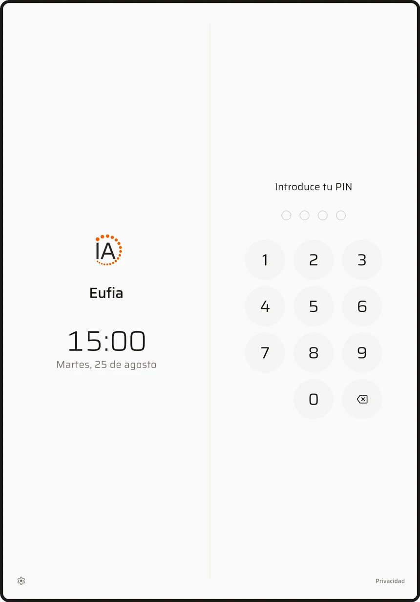 Pantalla de la tablet de fichaje con el teclado para introducir el PIN