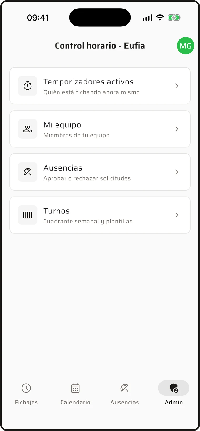 Pestaña Admin de un responsable de equipo
