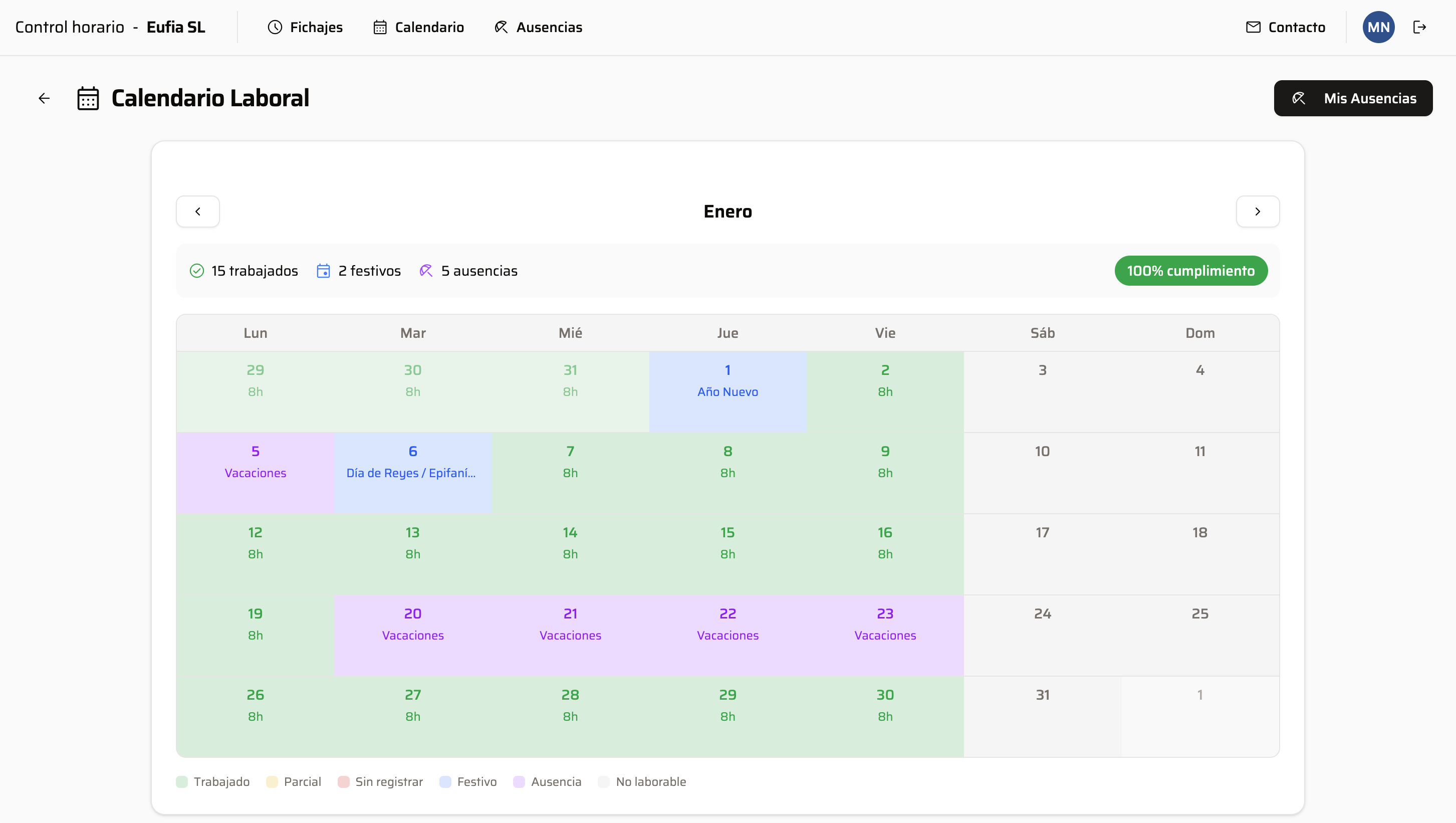 Calendario de registros horarios