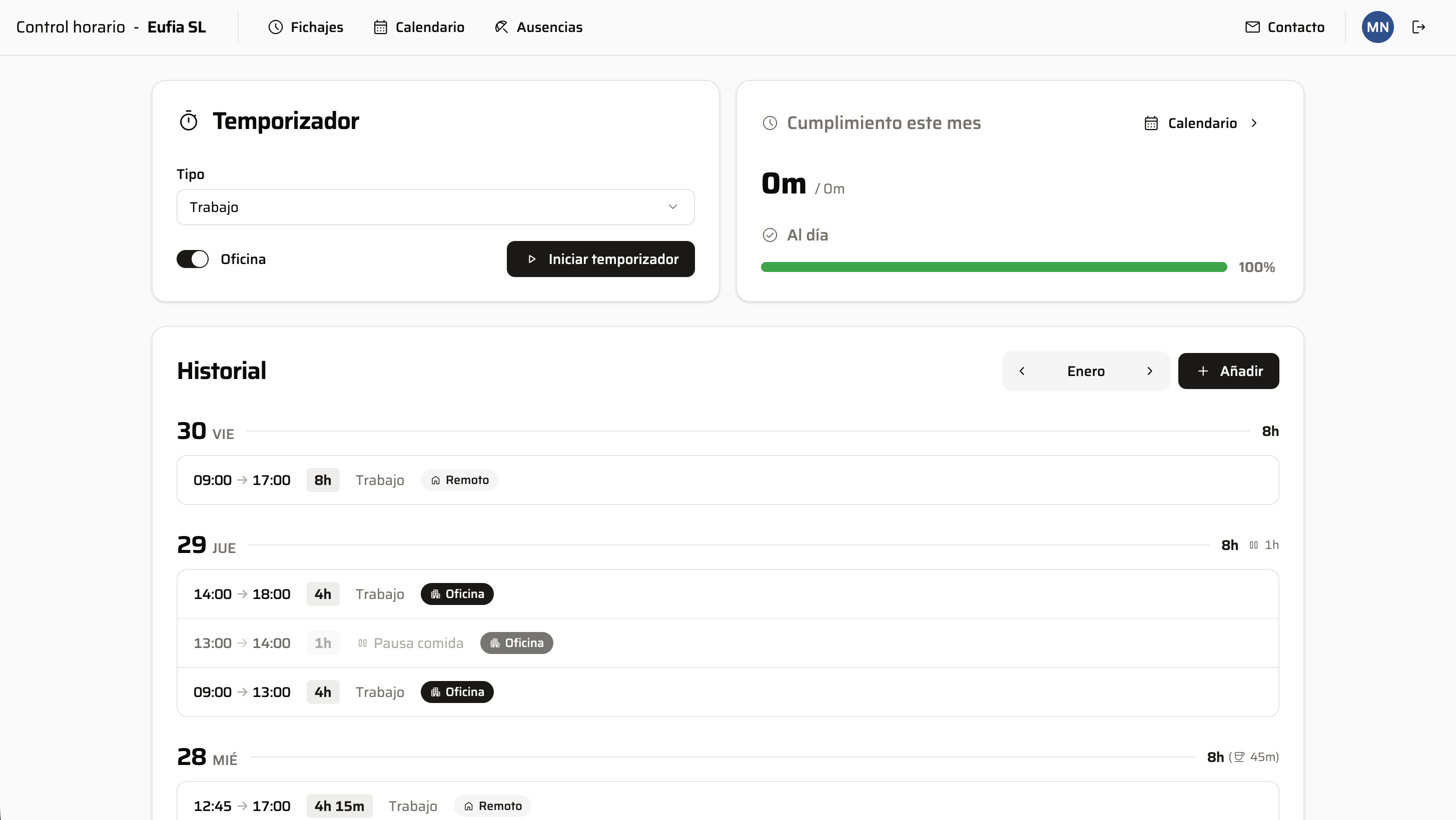 EUFIA Control Horario - Panel de fichaje