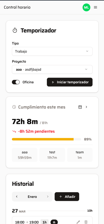 Panel de fichaje de EUFIA Control Horario - versión móvil