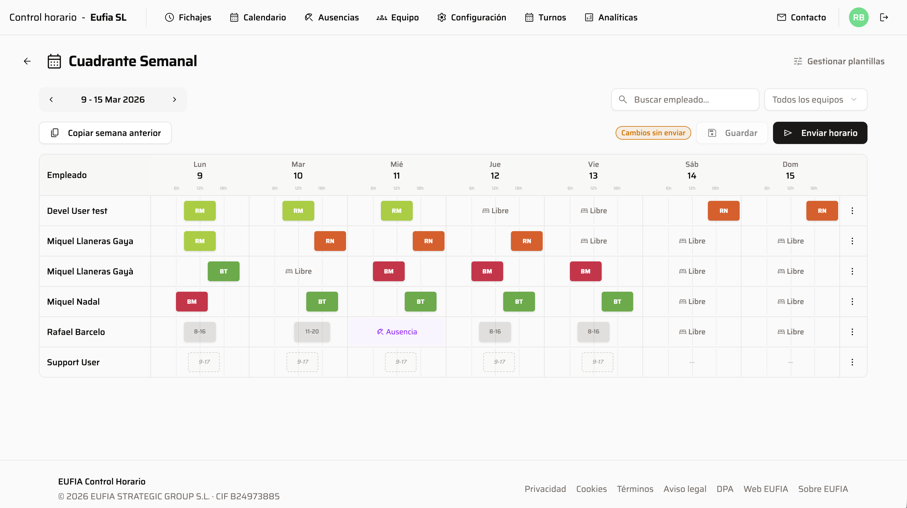 Cuadrante semanal de turnos en EUFIA Control Horario