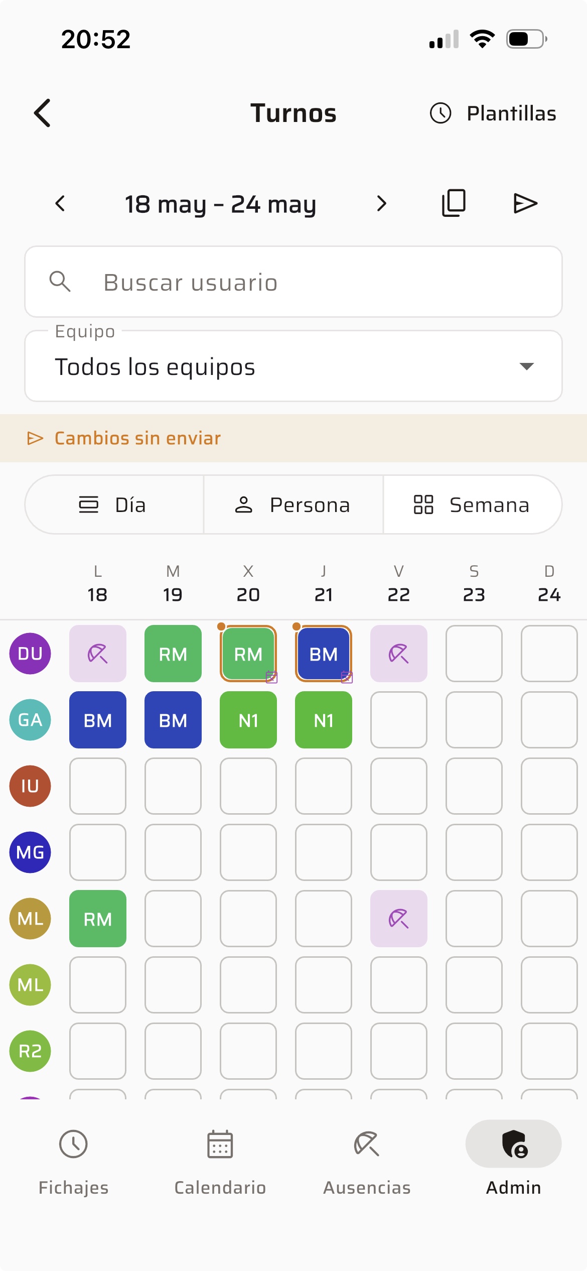 Vista diaria del cuadrante en la app móvil de EUFIA